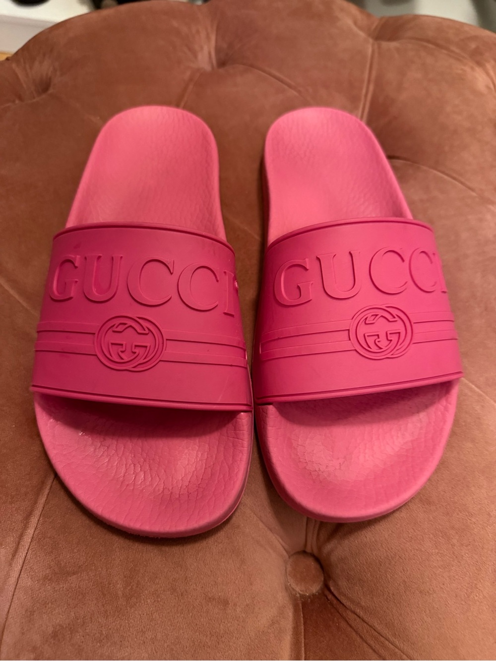 Gucci Hot Pink Rubber Logo Slide Sandals